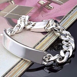 Nameplate ID Tag Sterling Silver Chain Link Curb Cuban Bracelet